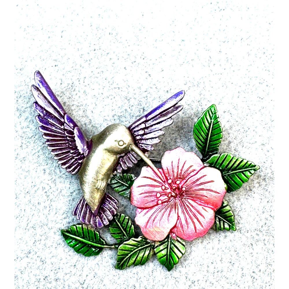 Stamped JJ Jonette Hummingbird Pin Vintage Pin Back Purple & Pink Flower Silver